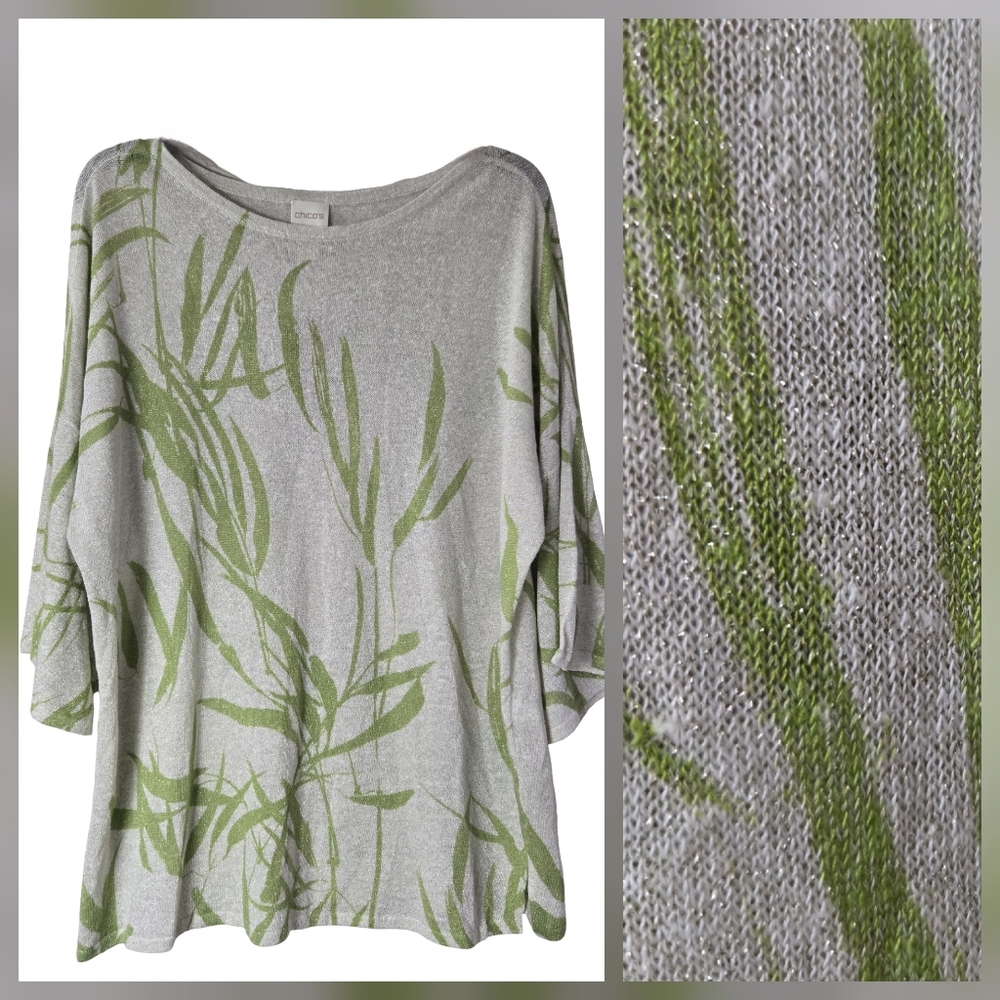 Chico’s Leaf Print Knit Top Gray Green Boat Neck 3/4 Sleeve Linen Blend Size XL